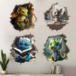 Dragon Parent and Child Reading Wall Hole Decal – Mouse Hole Wall Sticker for Bedroom, Entryway & Living Room Decoration
