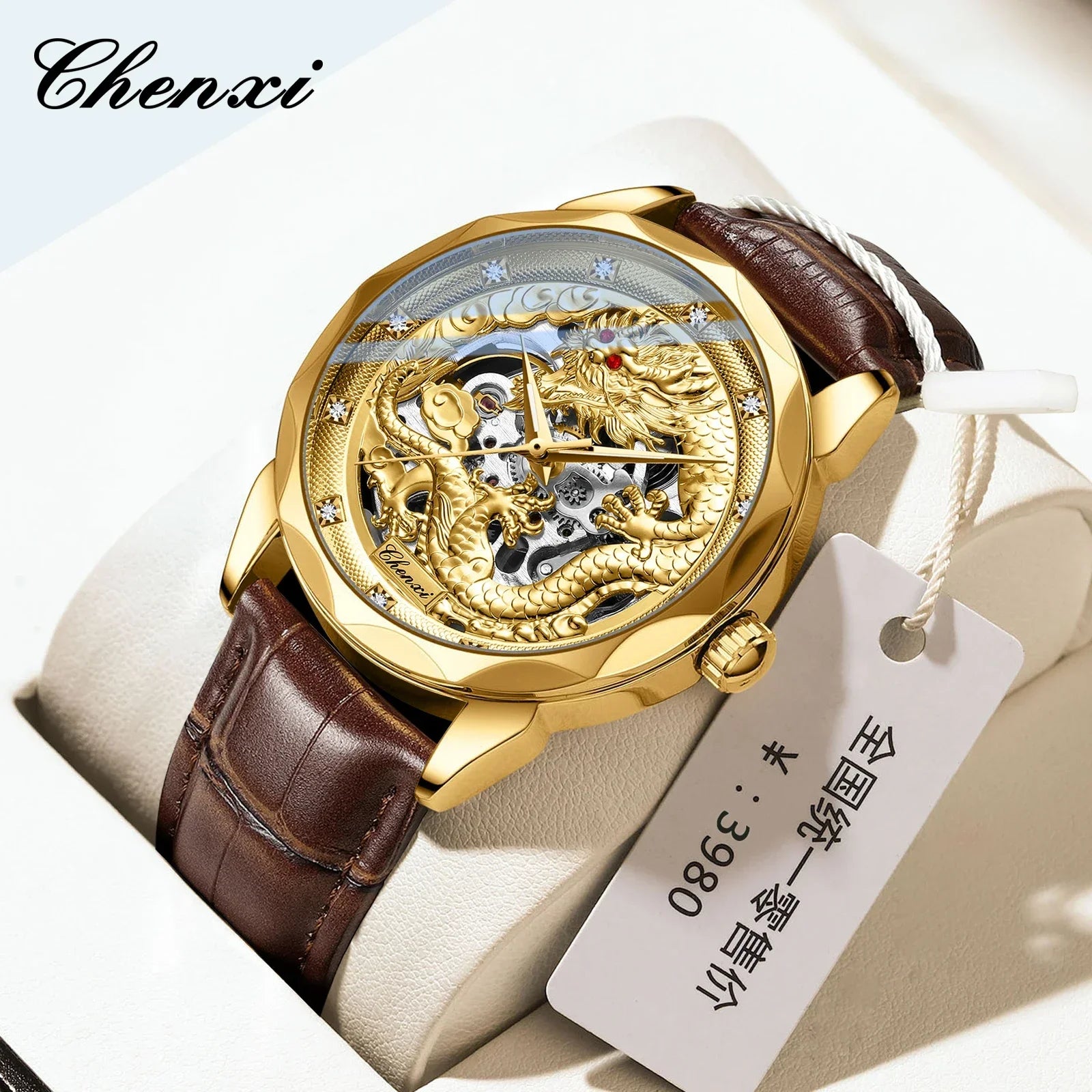 CHENXI 8899 Chinese Nation Culture & Art Watch – 3D Embossed Dragon Pattern Gold Automatic Mechanical Stainless Steel Men’s Watch - Image 2