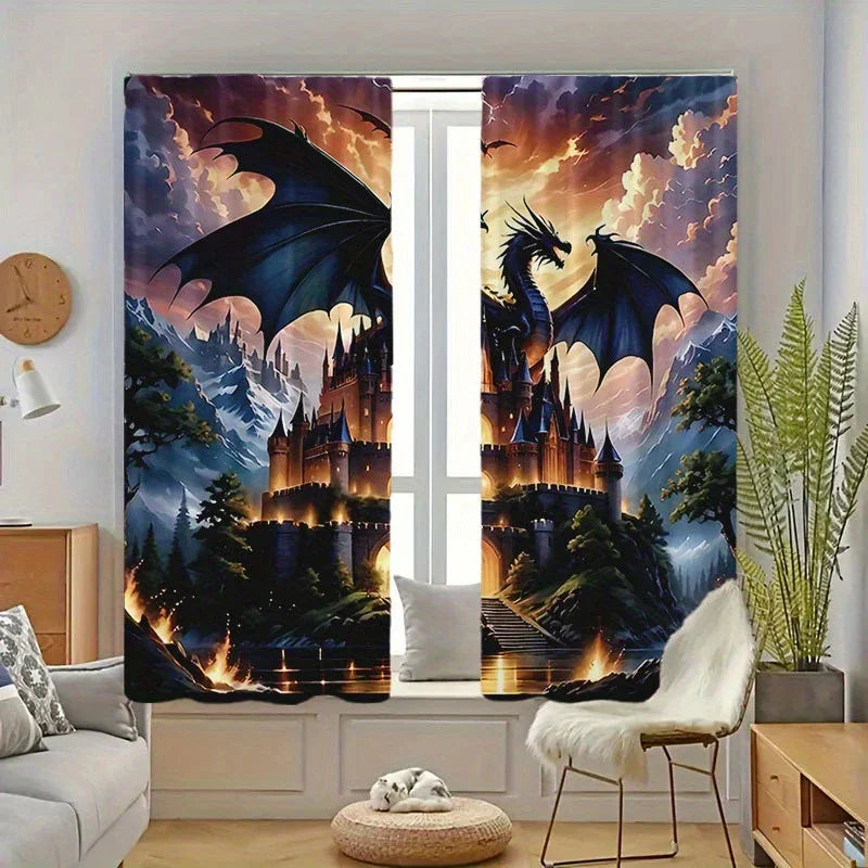 Dragon and Black Castle Printed Curtains – Pole Bag Design for Bedroom & Living Room Decor - Image 3