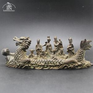 Antique Copper Dragon Boat Eight Immortals Statue – Desktop Ornament, Feng Shui Figurine & Home Decor Accessory