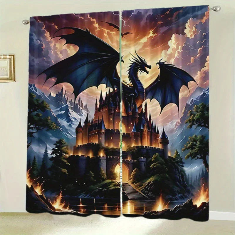Dragon and Black Castle Printed Curtains – Pole Bag Design for Bedroom & Living Room Decor