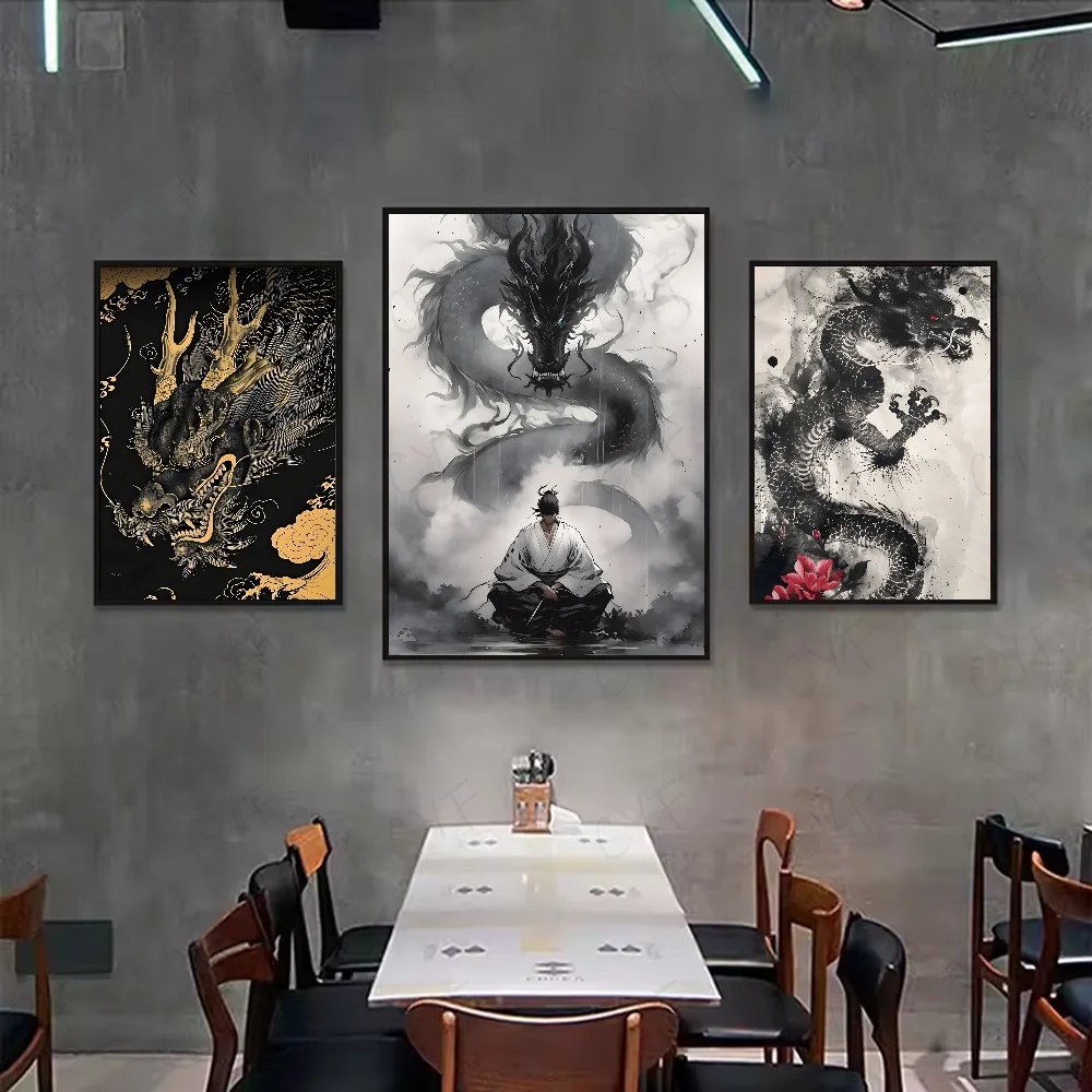 Asian Ink Style Dragon & Shadow Waves Art Poster – HD Waterproof Wall Sticker for Home & Bar Aesthetic Decoration - Image 3