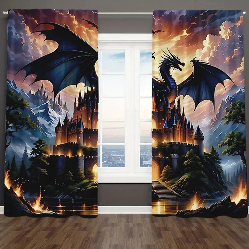Dragon and Black Castle Printed Curtains – Pole Bag Design for Bedroom & Living Room Decor - Image 2
