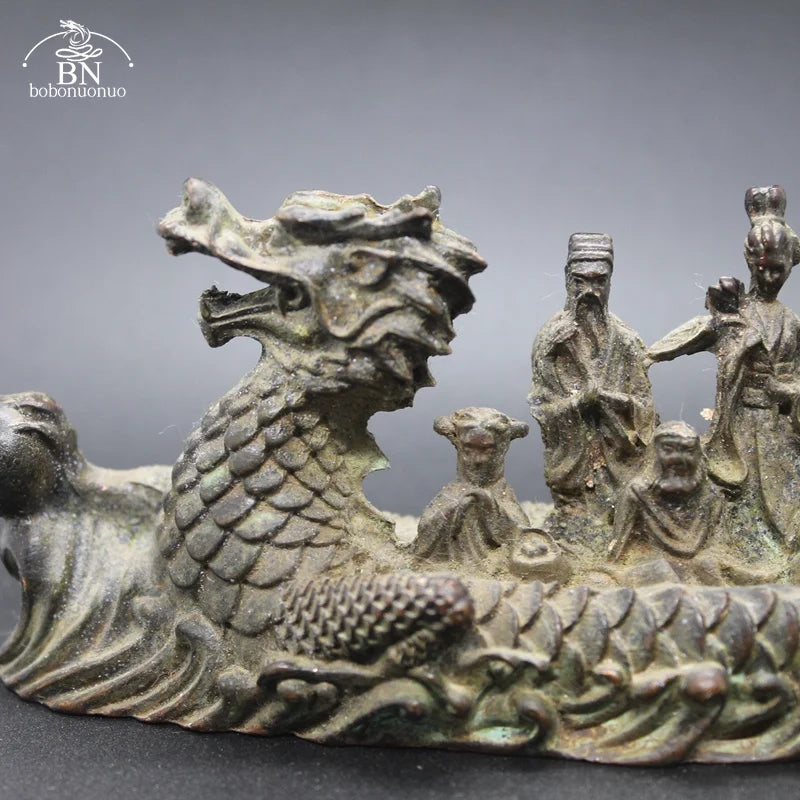 Antique Copper Dragon Boat Eight Immortals Statue – Desktop Ornament, Feng Shui Figurine & Home Decor Accessory - Image 4