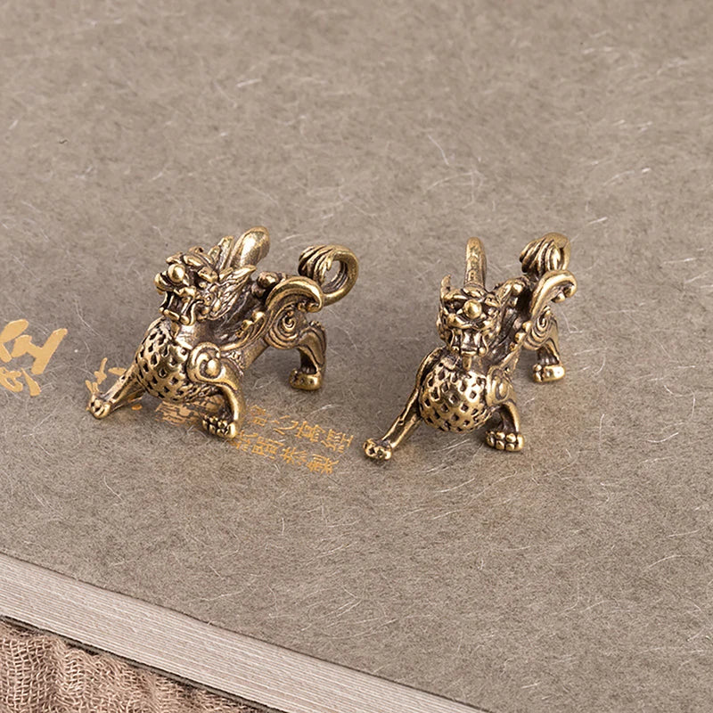 Antique Copper Chinese Mythical Beast Pixiu Miniature Figurines – Brass Lucky Kirin & Dragon Desktop Ornaments - Image 2
