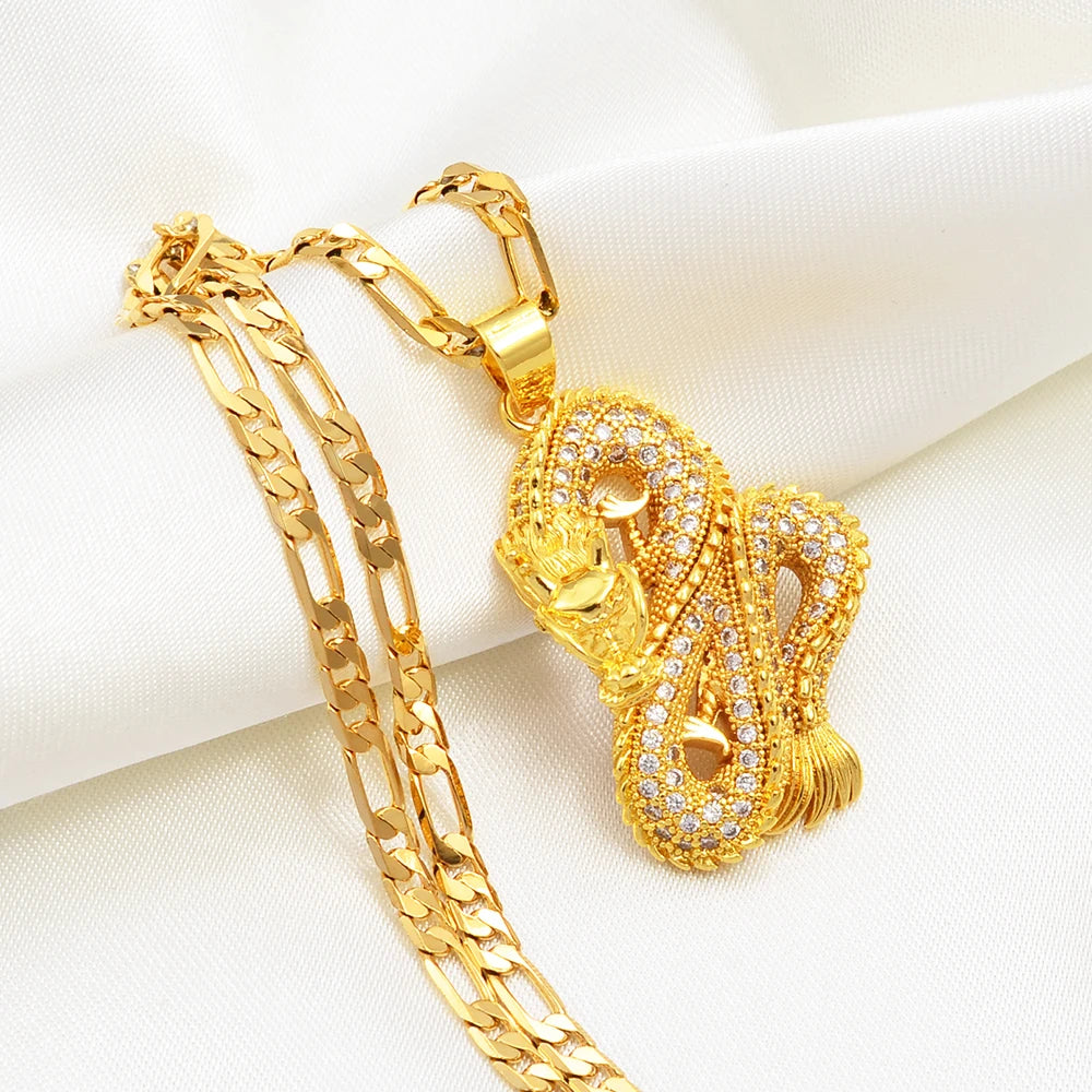 Anniyo Dragon Pendant Necklace – Gold Color Jewelry with Cubic Zirconia for Women & Men - Image 4